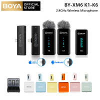 BOYA BY-XM6 K1/K2 2.4GHz Ultra-Compact ระบบไมโครโฟนไร้สายแบบไร้สาย Lavalier Lapel ไมโครโฟนพร้อมจอแสดงผล OLED และชาร์จสำหรับ Vlog วิดีโอ Interview YouTube Facebook Live กล้อง DSLR iPhone iPad Android สมาร์ทโฟนแท็บเล็ต