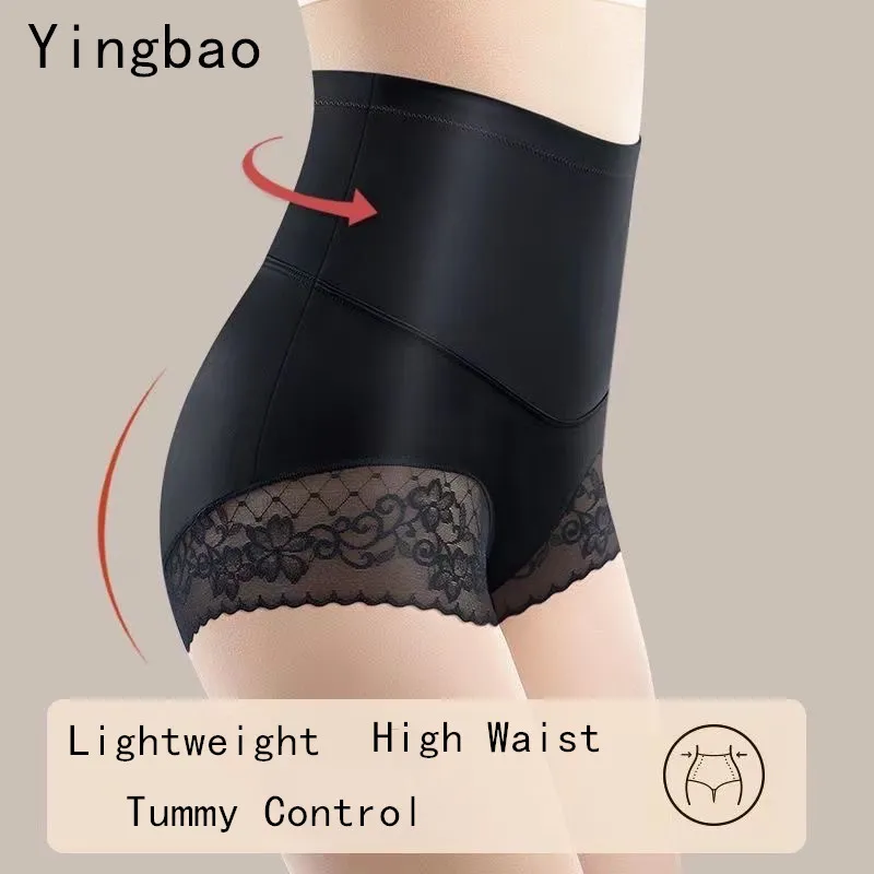 Yingbao High Waist Underwear Women Shapewear Girdle Trimming Body Shaping Ladies  Ice Silk Seamless Slimming Tummy Belly Control Lace Panties Summer Thin  Style Black Coffee Plus Big Size