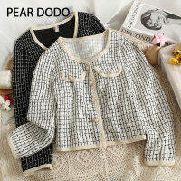 PEAR DODO แจ็คเก็ตสั้นลายสก๊อตคอวีเกาหลีสำหรับผู้หญิง