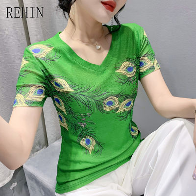 REHIN เสื้อยืดคอวีสำหรับผู้หญิง,เสื้อยืดแขนสั้นรูปแบบที่เป็นเอกลักษณ์ตาข่ายฤดูร้อนใหม่ S-3XL เข้ารูปพอดี