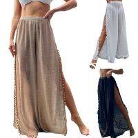 【cw】 Women  39;s Beach Pants Sided Slit Fur Embellished Waist Abdominal Cover Up