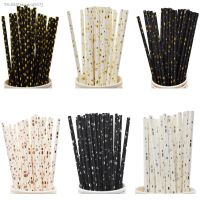 ✼¤ Black Rose Gold Foil Stripe Solid Stars Dot Metallic Paper Drinking Straws Disposable Wedding Decoration Birthday Party Supplies