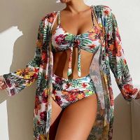 【LZ】✾♤™  Conjunto de maiô estampado floral de três peças para mulheres biquíni de cintura alta blusa de mangas compridas malha sexy tamanho S-3XL novo 2023