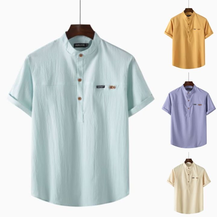 HUILISHI Casual Plain Chinese Collar Short Sleeve Men's Shirt | Lazada PH