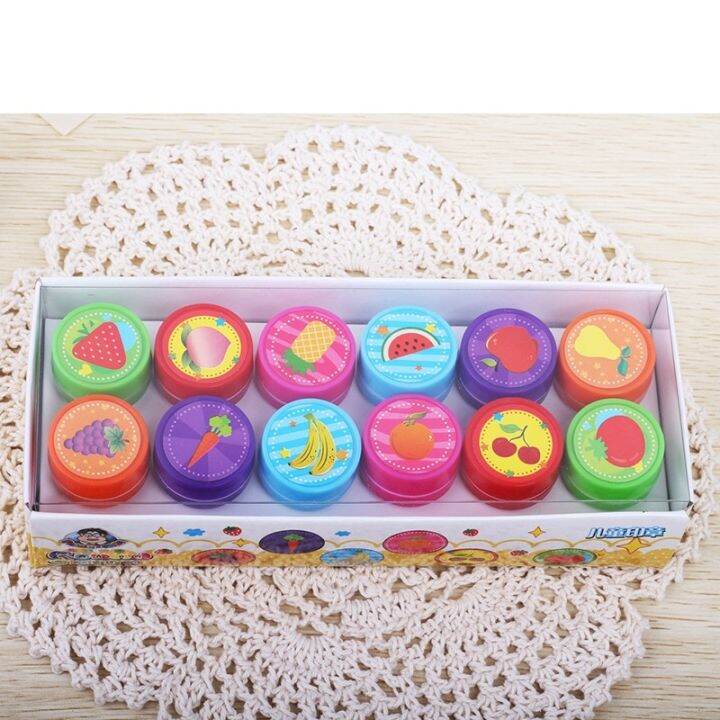 12pcs-box-children-toy-rubber-stamps-cartoon-fruits-kid-seal-diy-scrapbook-photo-album-decor-stamper-high-quality-simple