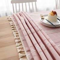 Nordic Christmas Tablecloth Pink Hollow Embroidered Jacquard Striped Rectangle Table cloth Cotton Linen Dining