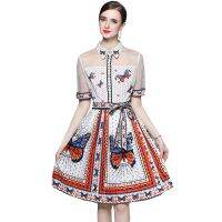 Women Dress Spot Real  Elegant Short Sleeve  Vintage Printed Midi Dress