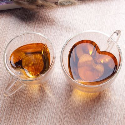 【High-end cups】 หัวใจรักรูปแก้วแก้วผนังสองแก้วกาแฟฉนวนชานมน้ำมะนาวถ้วยน้ำทนความร้อน Drinkware ของขวัญคนรัก