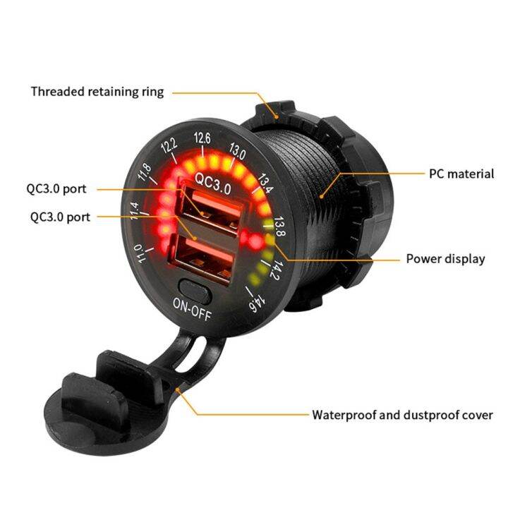 ยืดหยุ่น-qc3-0-dual-usb-charger-socket-โวลต์มิเตอร์สวิทช์กันน้ำ36w-12v-24v-usb-outlet-fast-charging-สำหรับ12v-รถเรือรถจักรยานยนต์รถบรรทุก