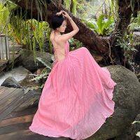 Posed ultra light peach pink fairy beauty back lace-up dress summer dew shoulder holiday chest strap princess skirt