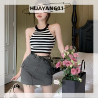 HUAYANG01 [2023 new HOT FASHION] lazlook เสื้อกล้ามเชือกแขวนคอลายทางวินเทจสำหรับผู้หญิงเสื้อกล้ามสายเดี่ยวแขนกุดเซ็กซี่