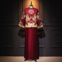 2022 Traditional Chinese Clothing for Men Red Plus Size Xiuhe Embroidered Round Neck Long Sleeves Vintage Wedding Dress Set