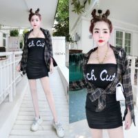 GN15167  **รบกวนสอบถามก่อนสั่งซื้อจ้า**  set 2 ชิ้น เสื้อลายสก็อตแขนยาว + เดรสเกาะอกสกรีนตัวหนังสือ