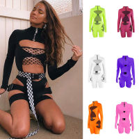 shopping-paradise ผู้หญิงเซ็กซี่ Cutout Playsuit คอสูงแขนยาวซิป Romper