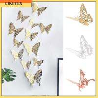 CIRETEX 12ชิ้น/แพ็กสติ๊กเกอร์ตกแต่งบ้านเครื่องประดับ Mariposas Decals 3D ทองคำกลวงเงินกุหลาบทองผีเสื้อสติ๊กเกอร์ติดผนัง