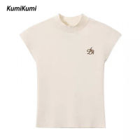 KUMI เวอร์ชันเกาหลีฤดูร้อน แขนสั้นครึ่งเสื้อยืดคอปกสูงสำหรับผู้หญิง