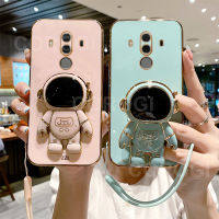 สำหรับหัวเว่ย Mate 10 Mate 10 Pro กรณีที่มีเชือกเส้นเล็ก + การ์ตูนนักบินอวกาศพับยืนหรูหรา6D ชุบตารางกรอบเงาบางโทรศัพท์ปลอกซิลิโคนอ่อนนุ่มป้องกันกรณีปกหลัง