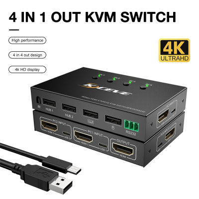 Winstong Tech 4พอร์ต KVM Switch HD 4K เครื่องสแกนเนอร์ USB KVM Switch 4 In 1 Out เมาส์คีย์บอร์ดที่ใช้ร่วมกันจอแสดงผล Key Switcher Splitter กล่อง RS232 Serial Port Control