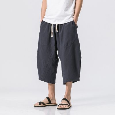 2021 ฤดูร้อนขายสไตล์จีนขนาดใหญ่ Harem กางเกงผู้ชายผ้าลินินกางเกง Capri กางเกงขากว้างกางเกงผู้ชายขายส่ง