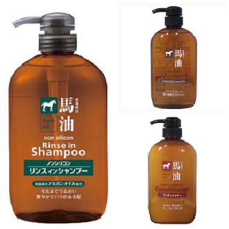 Kumano Horse Oil Non Silicon Shampoo แชมพูและครีมนวดผม สูตรน้ำมันม้าไม่ใส่ซิลิโคน ปริมาณ 600 ml