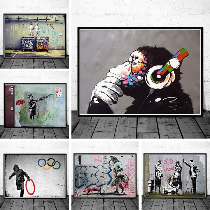 banksy-street-graffiti-collage-ลิงภาพวาดผ้าใบโปสเตอร์และพิมพ์สไตล์นอร์ดิกภาพผนังสำหรับห้องนั่งเล่นตกแต่งบ้าน