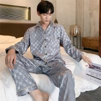 Autumn Mens Trousers Pajamas Suit Plaid High Quality Silk Home Clothes Two-piece Suit for Men Luxury Pajamas for Sleep 2023 New