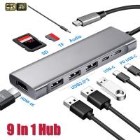 OKDEALS แท่นวางมือถือ Sd/tf ตัวขยายสัญญาณเสียง VGA USB3.0 PD ชาร์จ9 In 1อะแดปเตอร์ HDMI 4K USB ชนิด C ฮับ