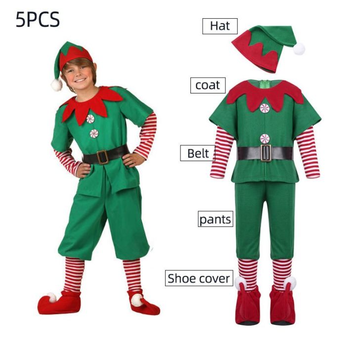 ชุดซานตาคลอสเด็กผู้ชายเด็กผู้หญิง-ชุดเสื้อผ้าคอสเพลย์ซานตาคลอสสีเขียวปาร์ตี้คริสต์มาสปีใหม่