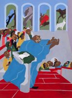 ● Jacob Lawrence Genesis Creation Sermon Art ฟิล์มพิมพ์ผ้าไหมโปสเตอร์ Home Wall Decor 24x36inch