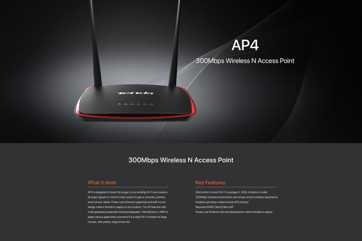 tenda-ap4-อุปกรณ์กระจายสัญญาณ-wi-fi-กำลังส่งสูง-2-เสา-high-power-wireless-access-point-n300-ขนาดเล็กกระทัดรัด-กำลังส่งสูง-รองรับการเดินไฟไปบนสายแลน-poe-เหมาะกับการติดตั้งใช้งานในทุกๆสถานที่-โดยเฉพาะใน