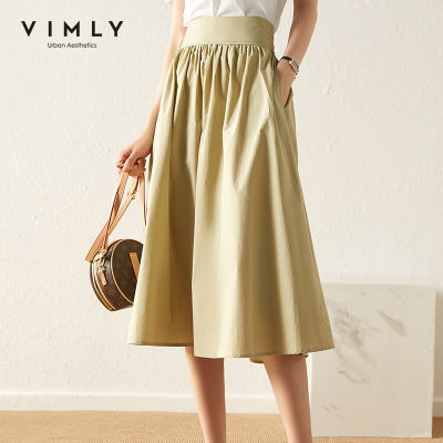 VIMLY Summer Skirts For Women Elegant High Waist Long Skirts Office Lady Pockets Zipper Skirt Khaki Green Vintage Bottoms F7966