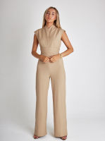 2023 New Temperament Strap Waist Jumpsuit WomenS Solid Color V -Neckless Sleeveless Wide -Leg Jacket