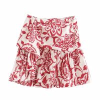 2021 Women sweet tropical flower print pleated mini skirt faldas mujer ladies casual slim side zipper ruffles skirts QUN561