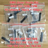 150pcs SOD-123 1206 0.5W 1/2W SMD Zener Diode Kit 15 values x 10 pcs =150pcs 3V 3V3 4V7 5V1 5V6 7V5 8V2  10V 12V 15V 16V 18V 20V 24V 1N4148