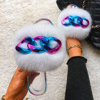 Furry Slides For Women Fashion Chain Transparent Slippers Summer Jelly Sandals Ladies Faux Fur Slippers Beach Fluffy Flip Flops