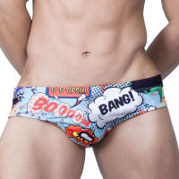 Fun Cartoon Mens Swimwear With/Without Sponge Pad BOOOOM BANG O-O-OPS Print Swimming Briefs Beach Shorts Gay Mens Swim Trunks