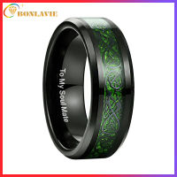 BONLAVIE Tungsten Carbide Ring Black Celtic Dragon Green Carbon Fiber Inlay Comfort Fit Size 5-14