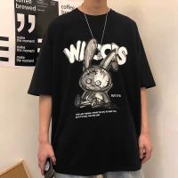 Fashion Harajuku Style Personality Cartoon Rabbit Graffiti Print Short-sleeved T-shirt Couples Korean Versio Tee เสื้อยืดคอกลม