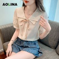 AOLINA เสื้อเชิ้ตแขนสั้นคอปกสองชั้นดีไซน์กลิ่นหอมสดชื่นผู้หญิงเวอร์ชั่นภาษาเกาหลีใหม่ฤดูร้อน2023