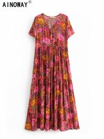 Gaun Maxi Bohemian Pantai Gambar Cetak Floral Merah Leher V Rendah Wanita วินเทจ Gaun Sundress Boho Panas Katun Rayon Wanita