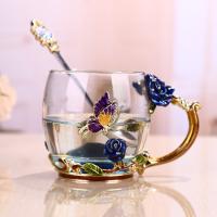 ▩๑♦ Blue Rose Enamel Crystal Tea Cup Coffee Cup Mug Butterfly Flower Water Cup With Spoon Drinkware Glass Cup Lover Wedding Gift