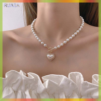 RUASA จี้รูปหัวใจเปลือกพลอยเทียมสำหรับสุภาพสตรีสร้อยคอมุกเครื่องประดับที่สง่างามเกาหลี