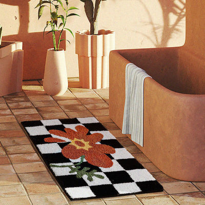 Fluffy Grids Bath mat Soft Floral Bathroom Rug Living Room Carpet Entrance Door Floor Mat Anti Slip Pad Aesthetic Home Decor