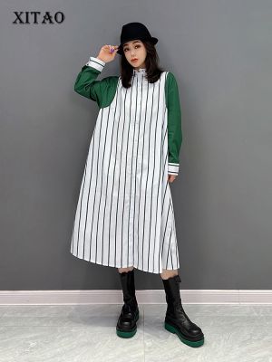 XITAO Dress Casual Loose Women Long Sleeve Striped Shirt Dress