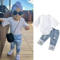 0-24M Baby Autumn Clothing Kids Baby Girls Clothes Sets Lace Flowers Long Sleeve Bodysuit Tops Blue Denim Pants 2pcs  by Hs2023