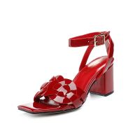 2021 Summer Red Female High Heels Shoes Charms Italy Designer Roman Wedding Red Genuine Patent Leather Top Women‘s Sandals Black