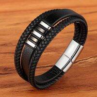 TYO High Quality Stainless Steel Charm Stackable Layered Bracelet Leather Genuine Braided Black Bracelet for Mens Hand Jewelry