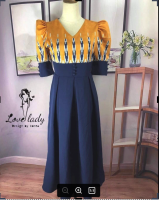 GANNIE​SHOP​ Dress​ ​เดรส​ เดรสลายไทย​ ชุดไทย​ เดรสหรู​ เดรสสีกรม​ ชุดออกงาน​ เดรสงานบวช​ แขนตุ๊กตา