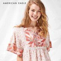 ลดพิเศษ 50% ( พร้อมส่ง )American Eagle Floral Lace-Up Flutter-Sleeve Blouse เสื้อ เบลาซ์ ผู้หญิง ลายดอกไม้( WSB 035-4001-615)