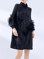 2023 Hot Miyake pleated 23 new style autumn temperament French skirt long-sleeved heavy industry advanced sensory flower beading dress